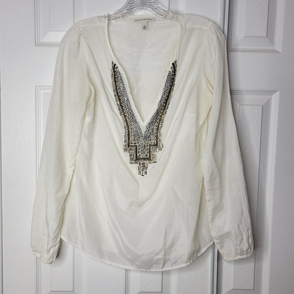 ❤ Banana Republic Blouse XS Cream Matte Sequin V-Neck Long Sleeve Silk Blend